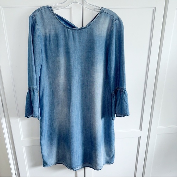 Anthropologie Cloth & Stone Blue Chambray Dress Tie Back Bell Sleeve Sz Small - Picture 2 of 10